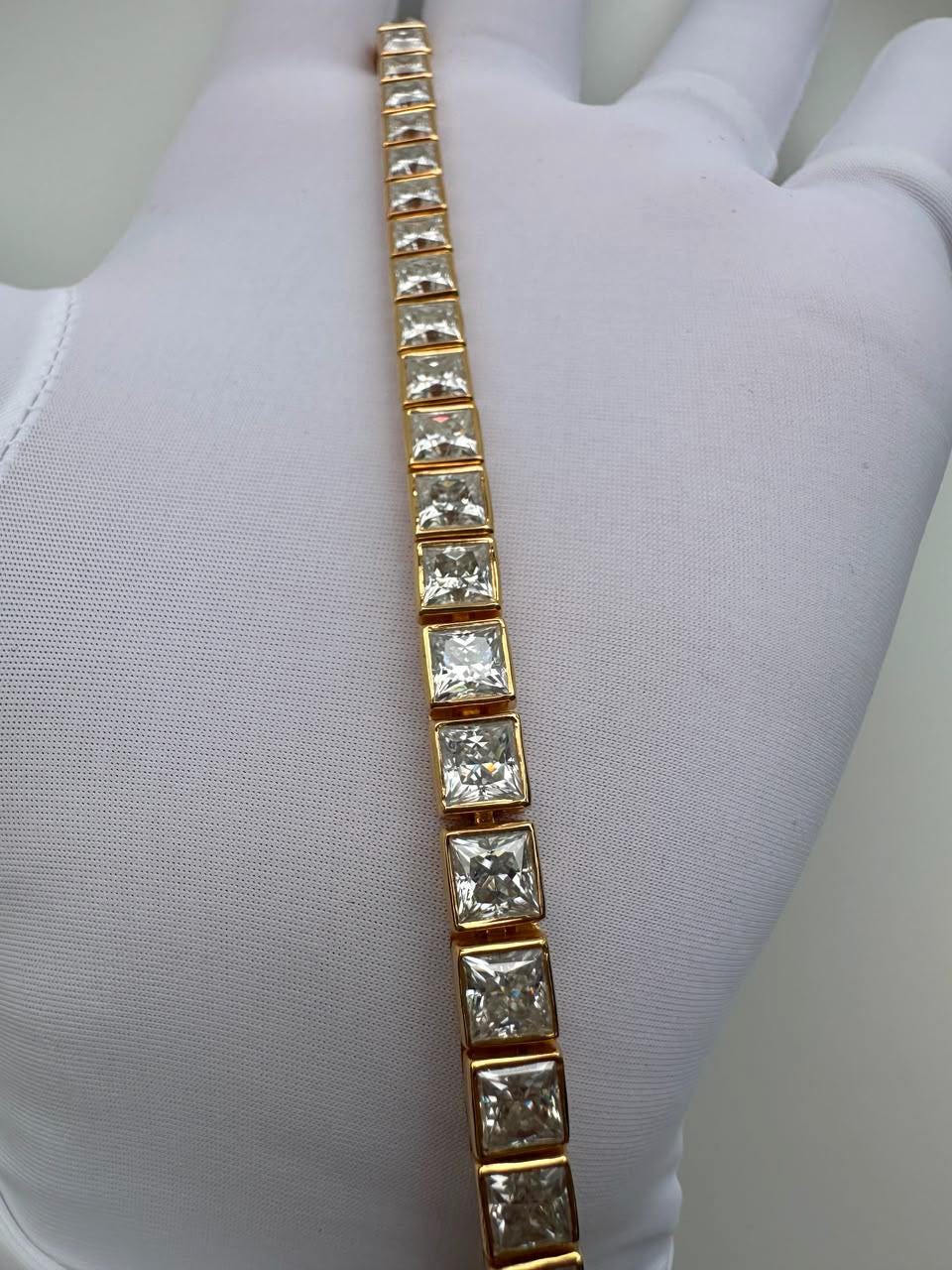 Men's Moissanite Tennis Bracelet, 14K Yellow Gold Sterling Silver, Princess Cut Bezel, 14 CT