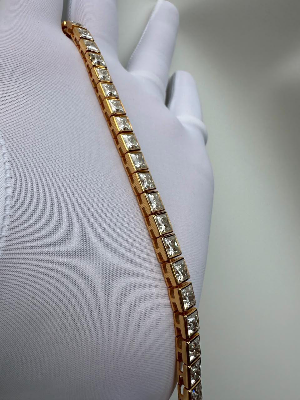 Men's Moissanite Tennis Bracelet, 14K Yellow Gold Sterling Silver, Princess Cut Bezel, 14 CT