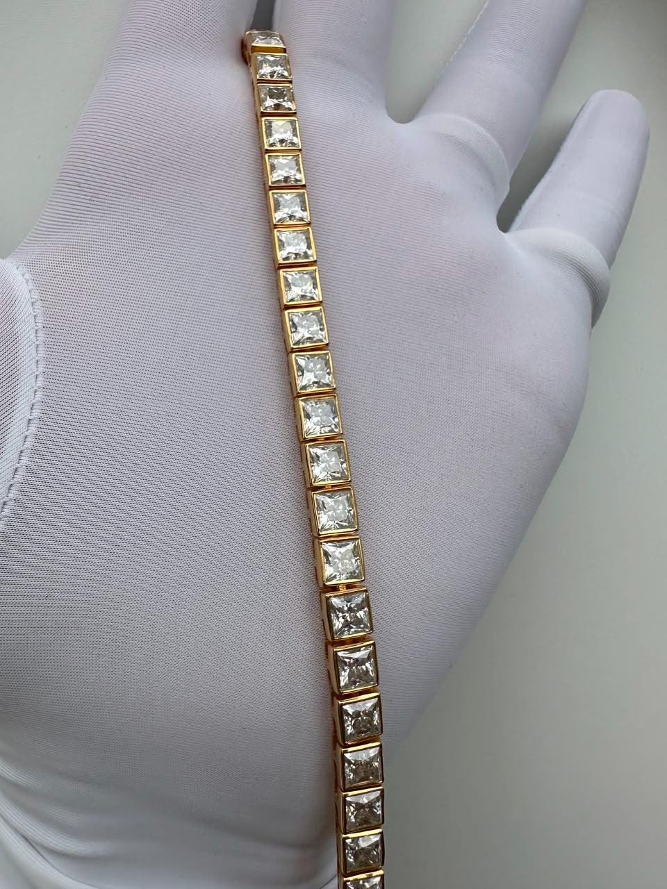 Men's Moissanite Tennis Bracelet, 14K Yellow Gold Sterling Silver, Princess Cut Bezel, 14 CT
