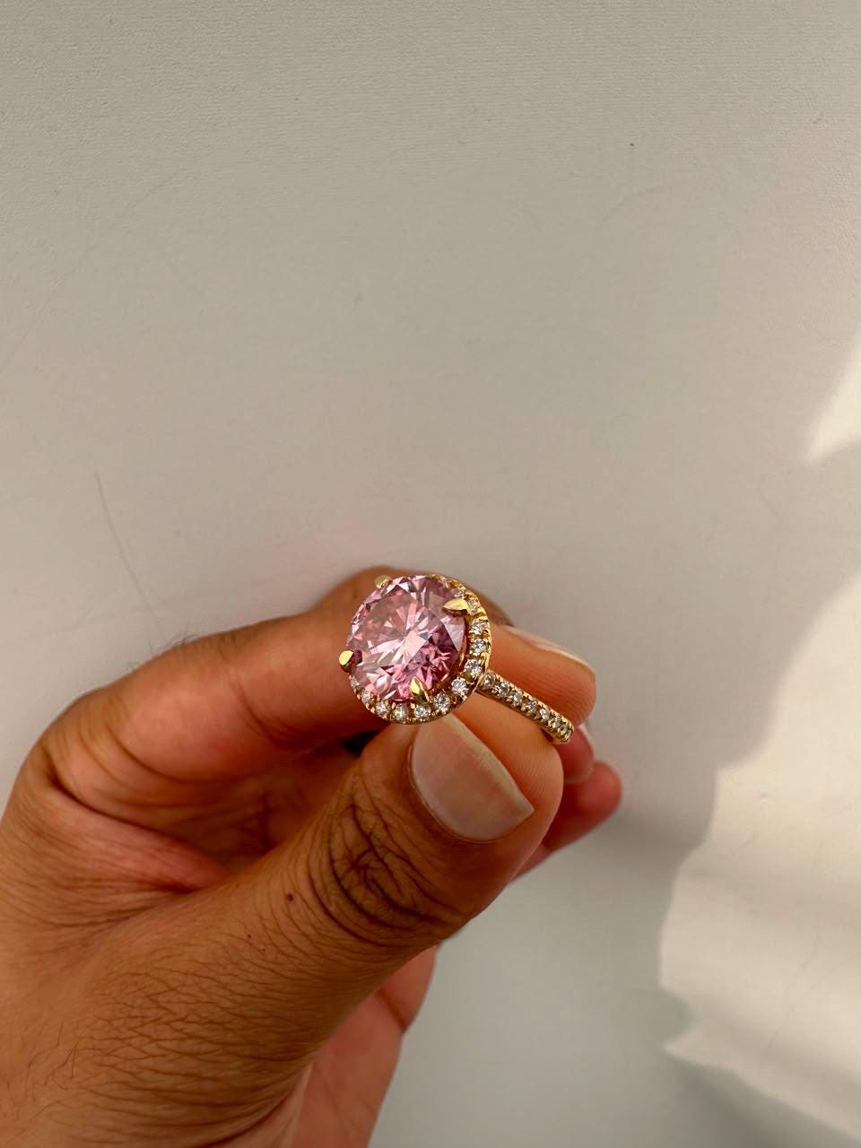 5 CT Pink Round Moissanite Halo Ring, 14K Yellow Gold Pavé Band Engagement Ring
