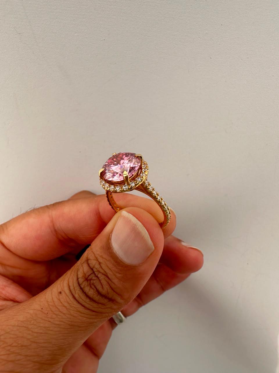 5 CT Pink Round Moissanite Halo Ring, 14K Yellow Gold Pavé Band Engagement Ring