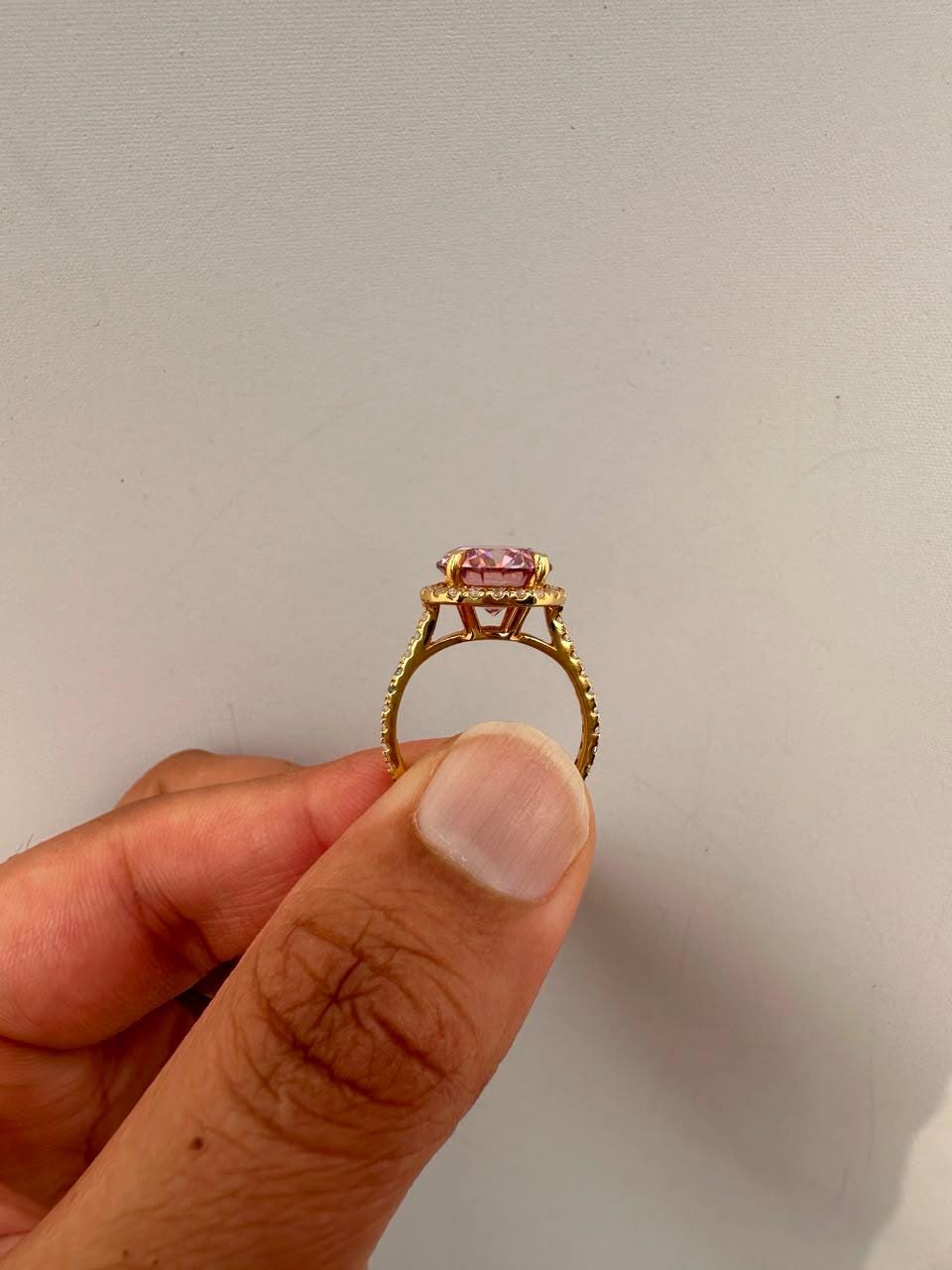 5 CT Pink Round Moissanite Halo Ring, 14K Yellow Gold Pavé Band Engagement Ring