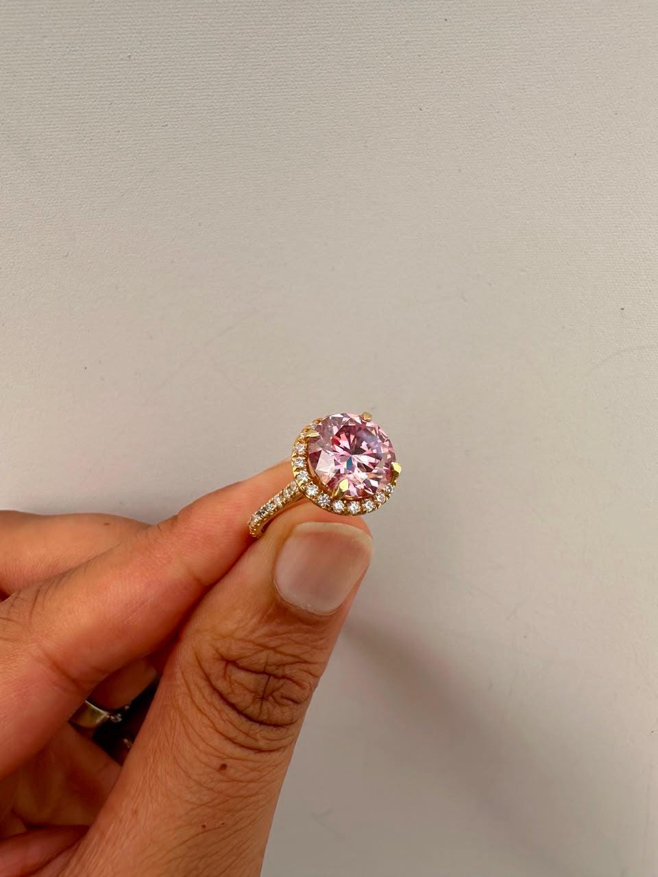 5 CT Pink Round Moissanite Halo Ring, 14K Yellow Gold Pavé Band Engagement Ring