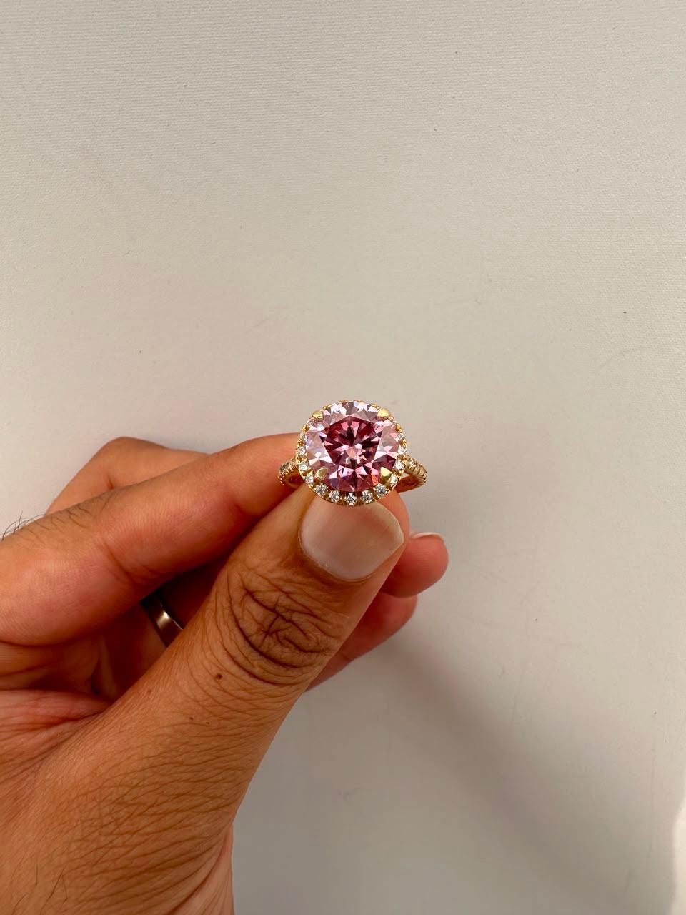 5 CT Pink Round Moissanite Halo Ring, 14K Yellow Gold Pavé Band Engagement Ring