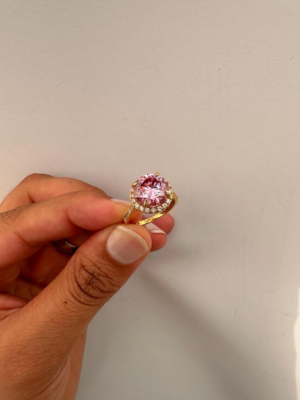 5 CT Pink Round Moissanite Halo Ring, 14K Yellow Gold Pavé Band Engagement Ring