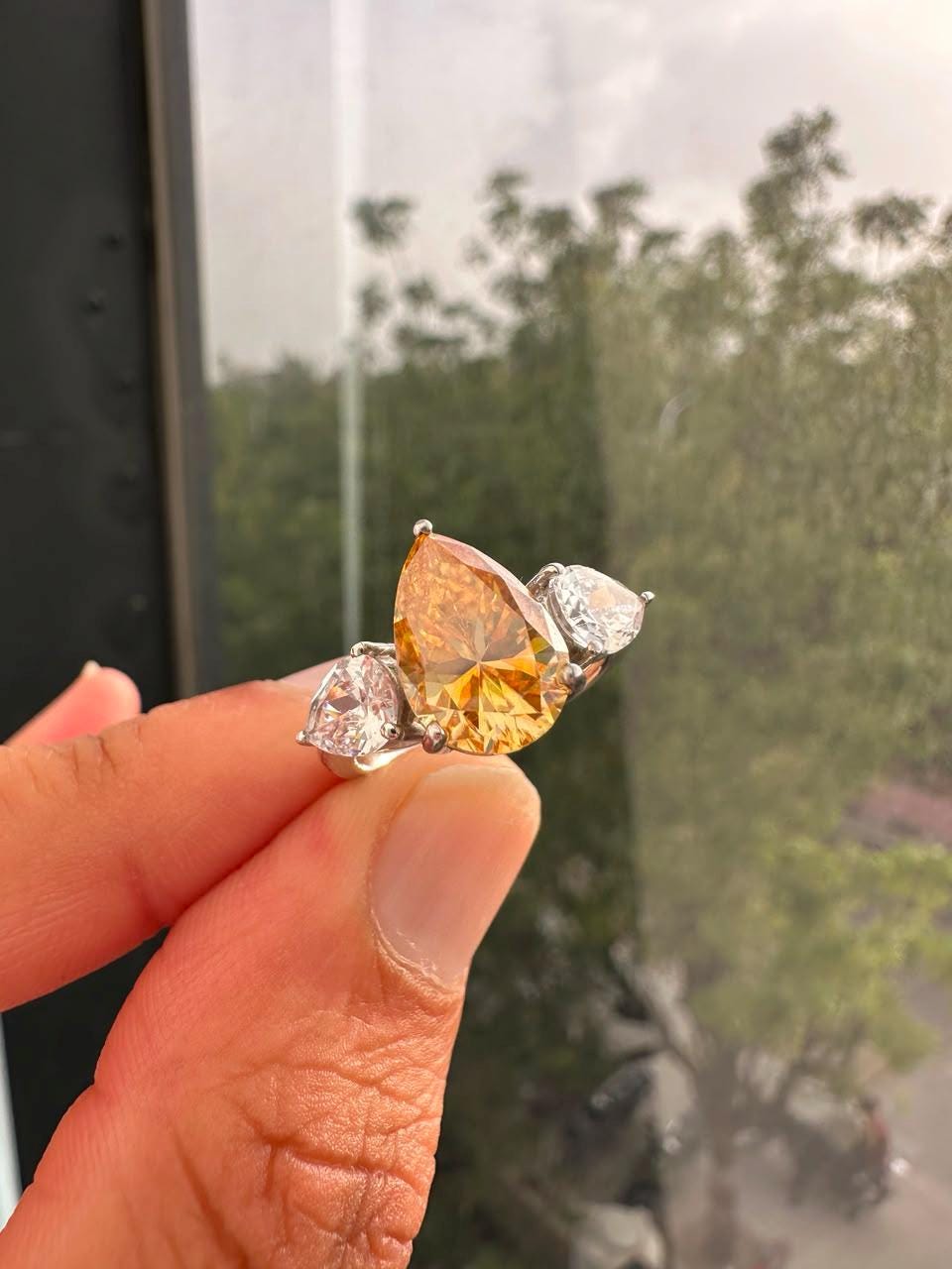 4 CT Pear Cut Yellow Moissanite Engagement Ring, 14K White Gold Three Stone Ring