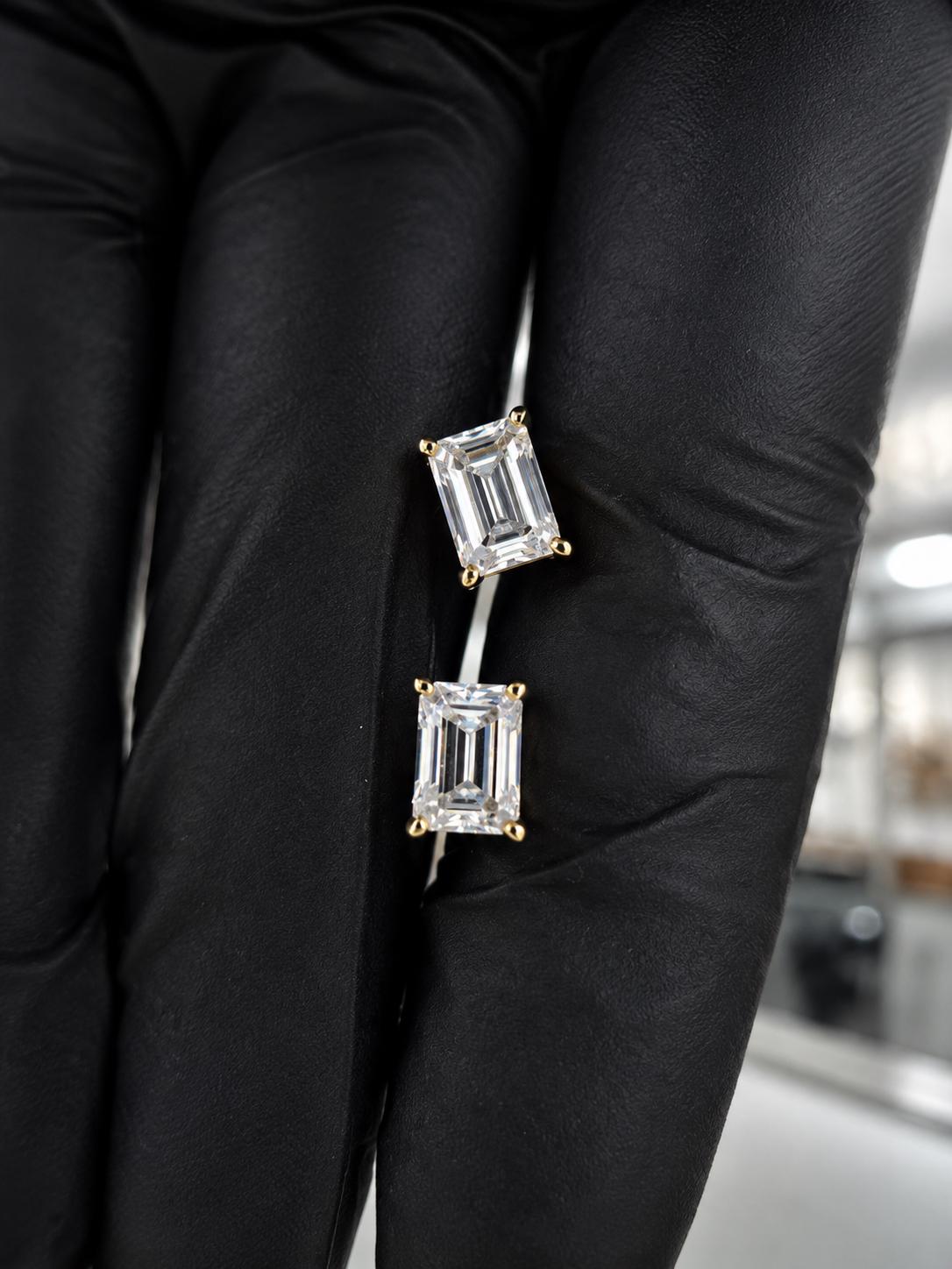 Emerald Cut Lab Diamond Stud Earrings | 18K Yellow Gold, E VS1, IGI Certified