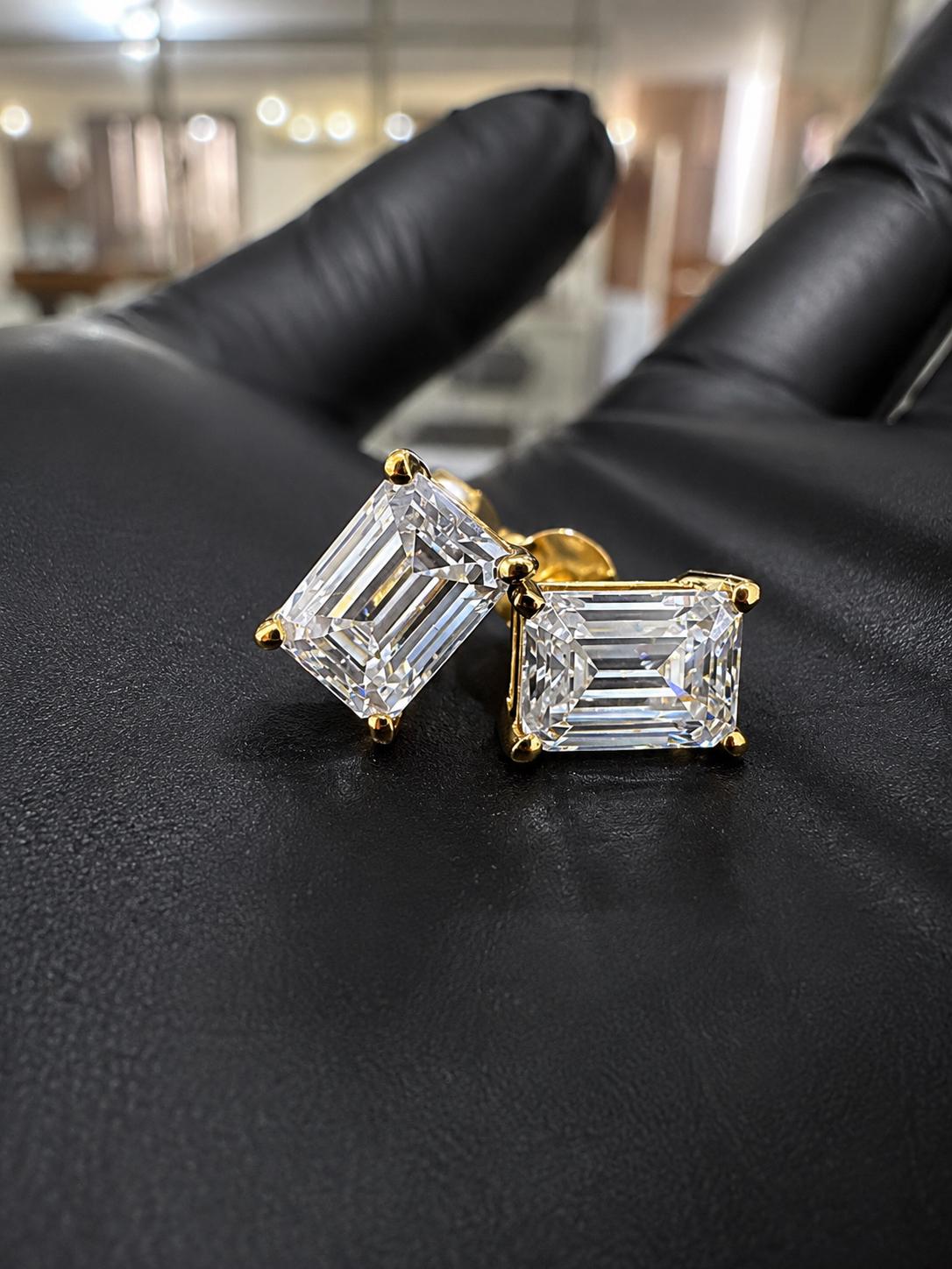Emerald Cut Lab Diamond Stud Earrings | 18K Yellow Gold, E VS1, IGI Certified
