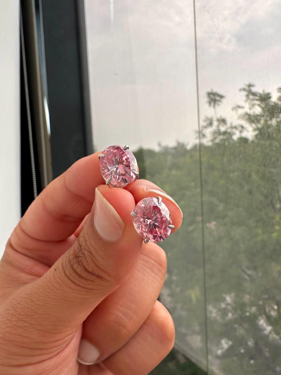 8 CT Oval Pink Moissanite Stud Earrings, 14K White Gold, Anniversary gift for her