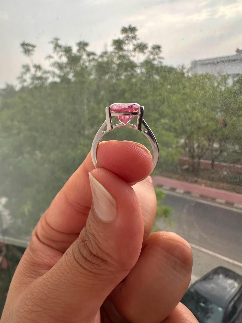 3.5 CT Trillion Cut Pink Moissanite Solitaire Ring, 14K White Gold Engagement Ring