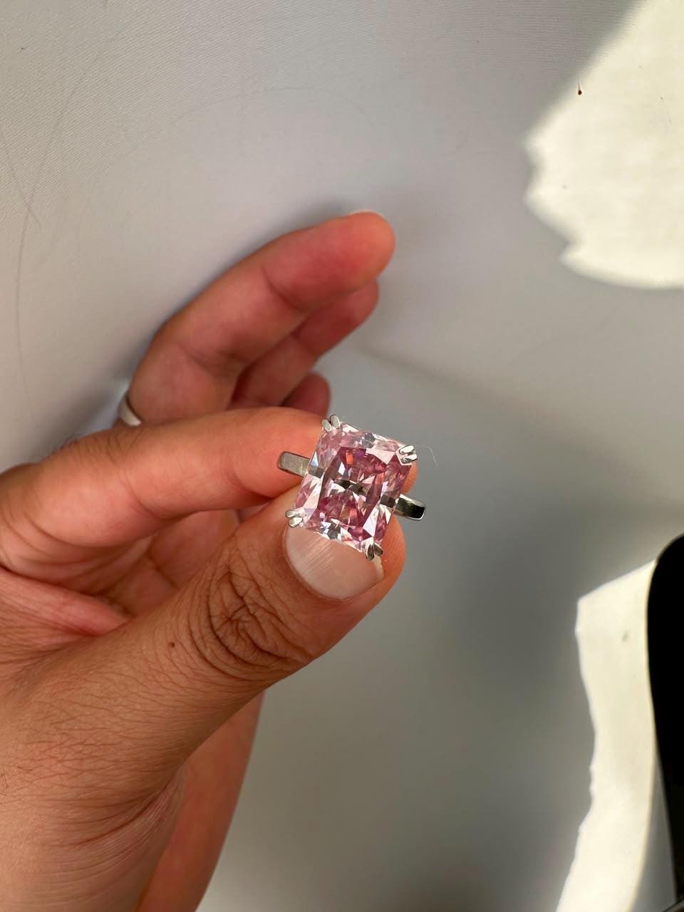 7 CT Radiant Pink Moissanite Engagement Ring, 14K White Gold Solitaire (Double Claw)