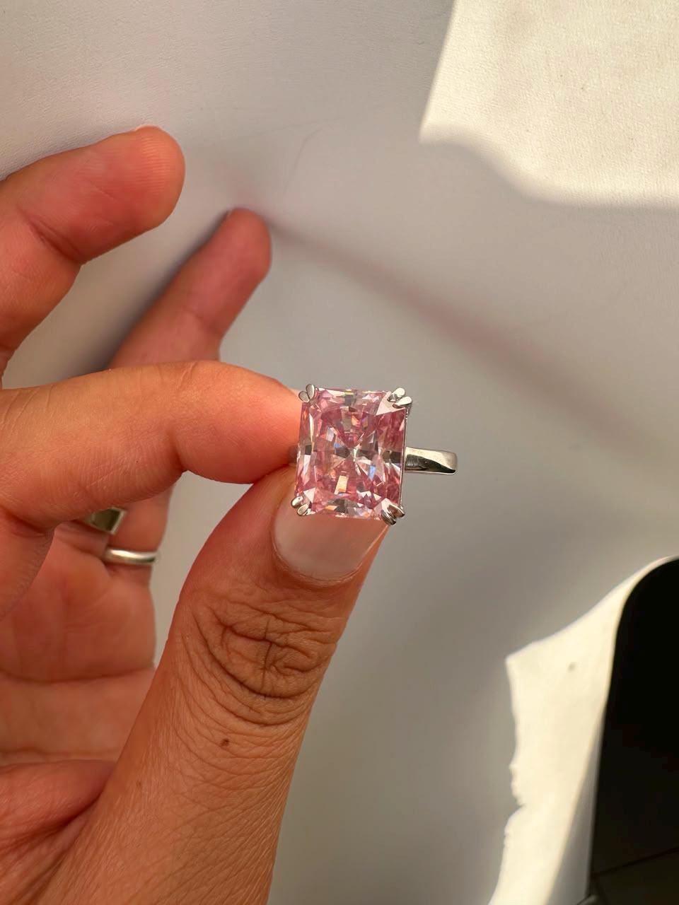 7 CT Radiant Pink Moissanite Engagement Ring, 14K White Gold Solitaire (Double Claw)