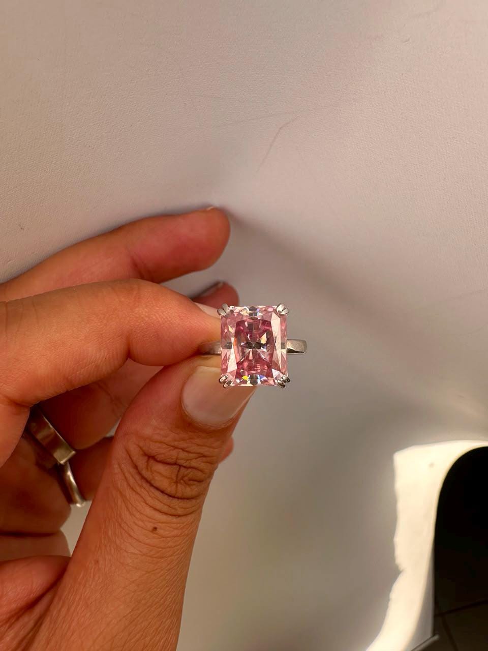 7 CT Radiant Pink Moissanite Engagement Ring, 14K White Gold Solitaire (Double Claw)