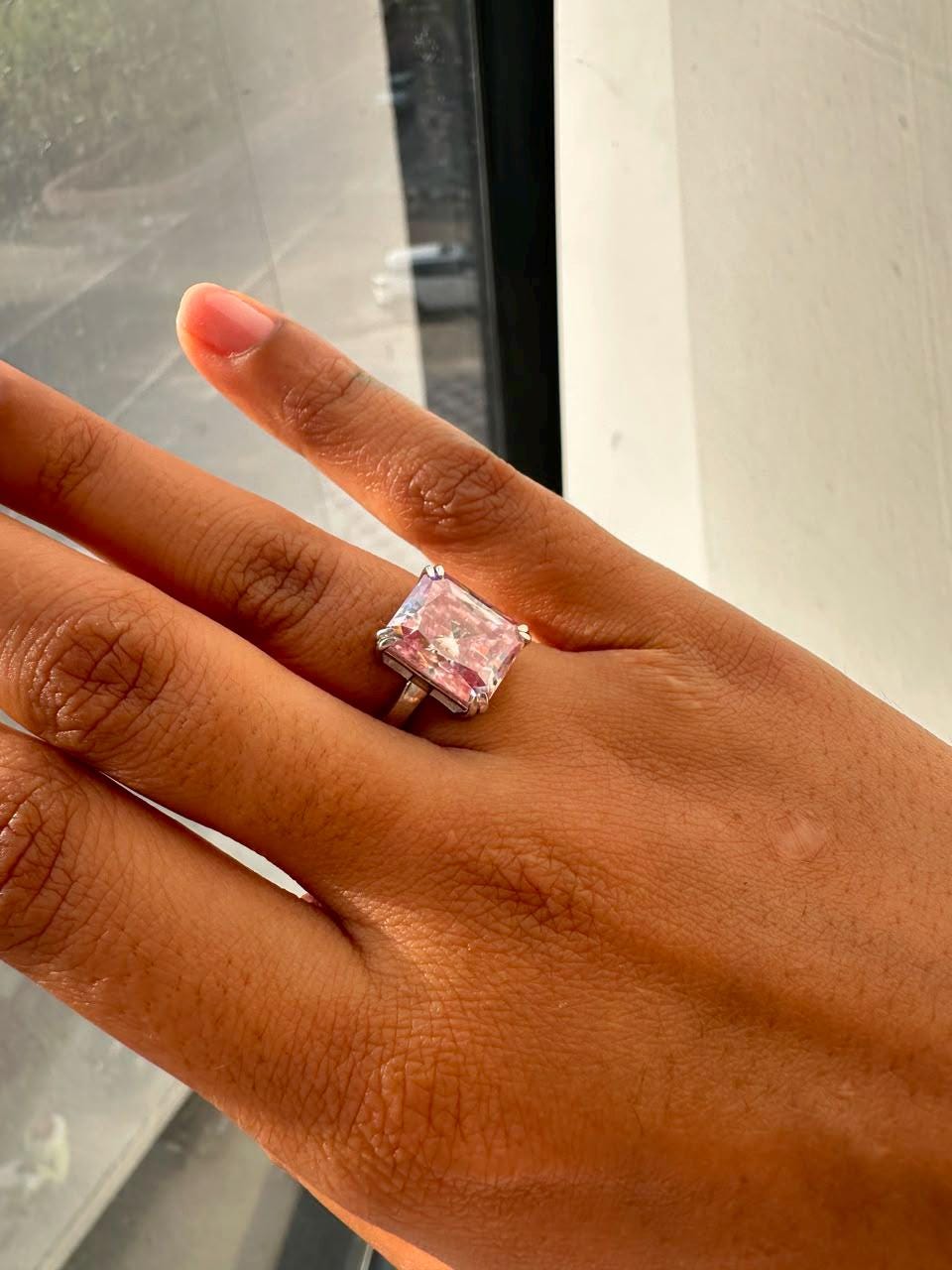 7 CT Radiant Pink Moissanite Engagement Ring, 14K White Gold Solitaire (Double Claw)