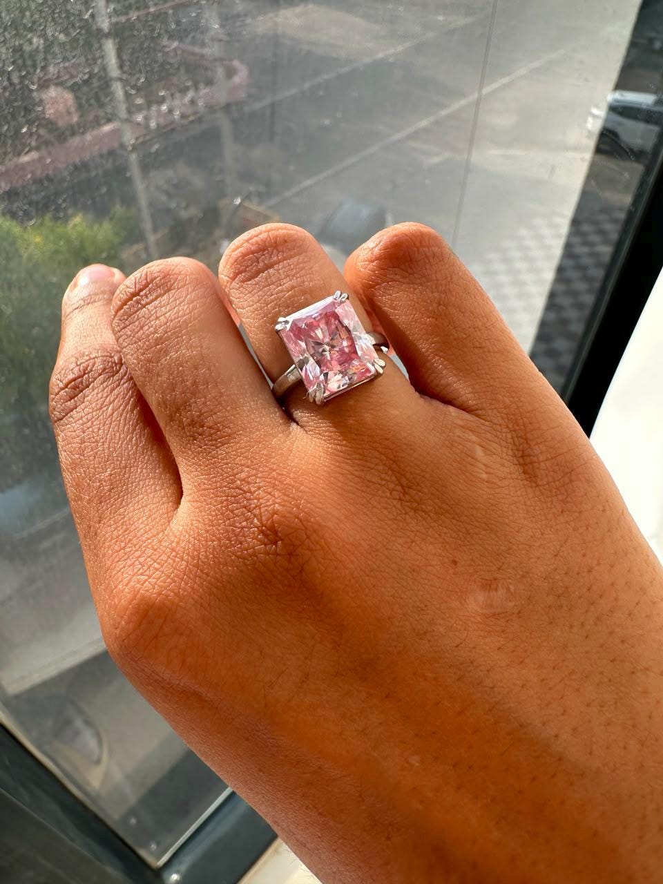 7 CT Radiant Pink Moissanite Engagement Ring, 14K White Gold Solitaire (Double Claw)