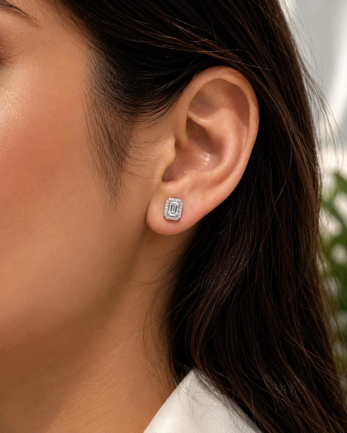 Emerald Cut Moissanite Halo Stud Earrings | 14K White Gold 2.5 CT Bridal Wedding Gift