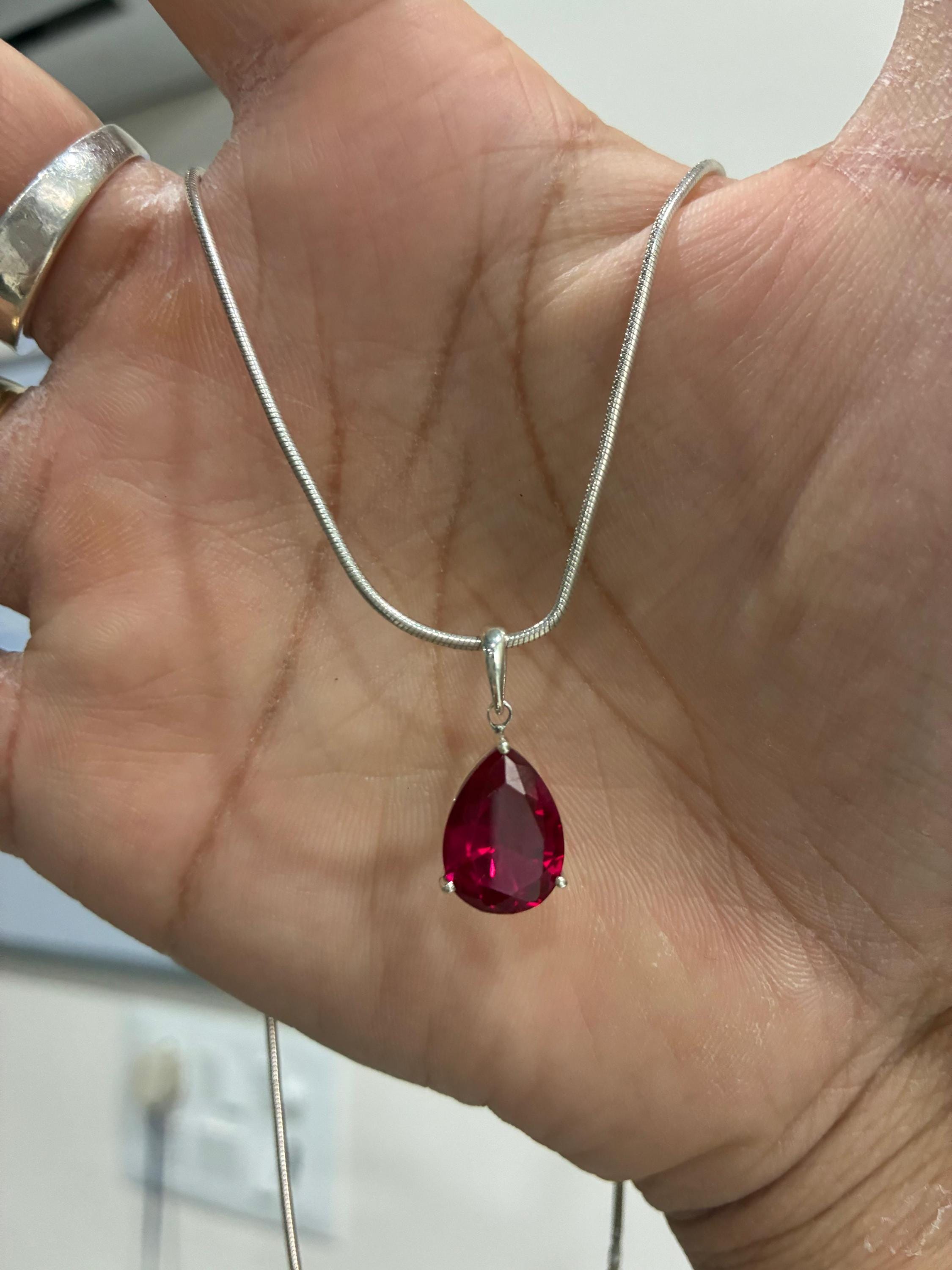 6 CT Pear Cut Ruby Pendant Necklace, 14K White Gold, July Birthstone Jewelry