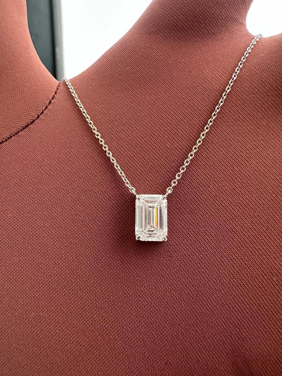 IGI Certified Emerald Cut Lab Diamond Solitaire Pendant, 2.55 Carat, 14K White Gold Necklace