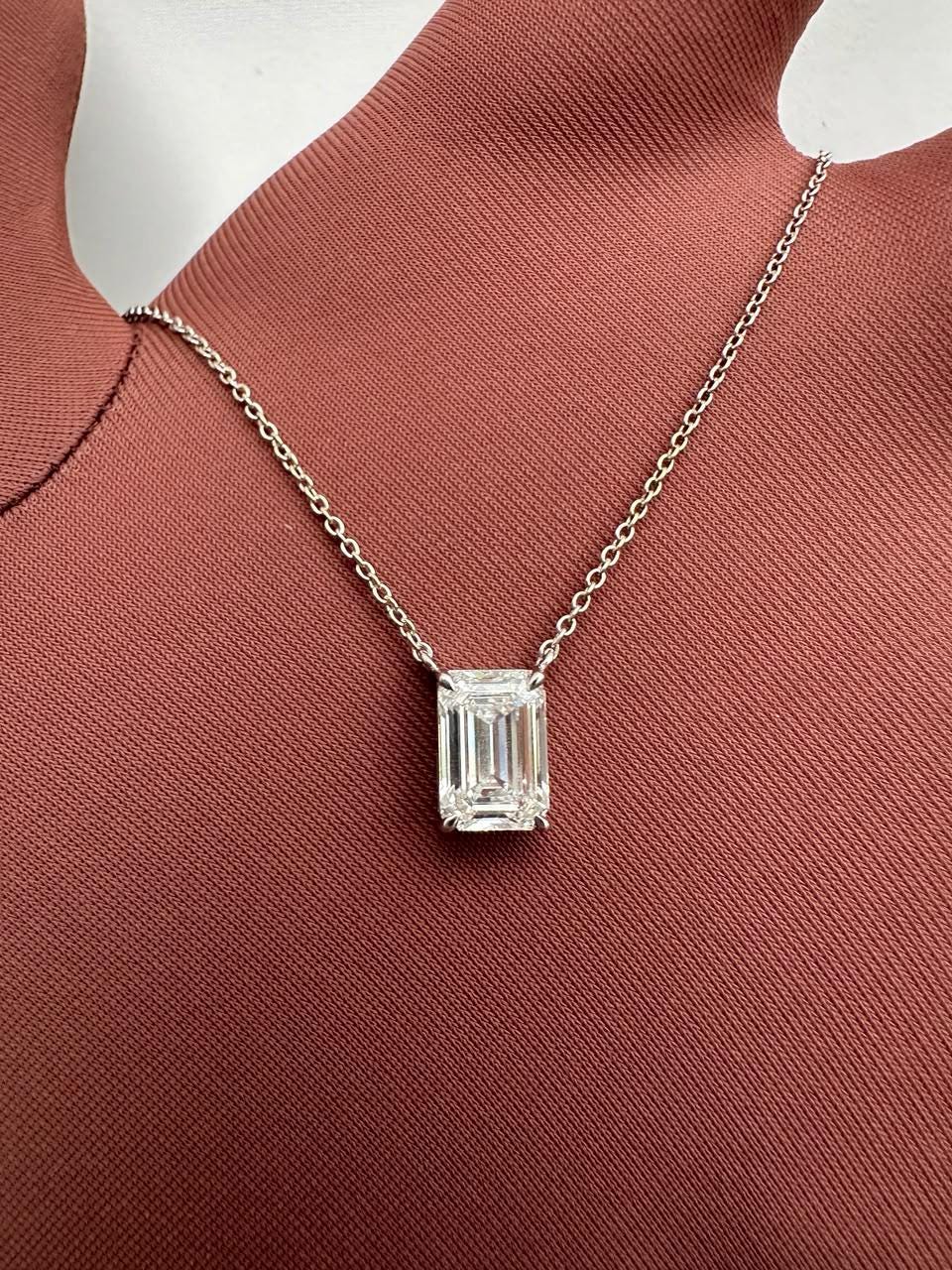 IGI Certified Emerald Cut Lab Diamond Solitaire Pendant, 2.55 Carat, 14K White Gold Necklace