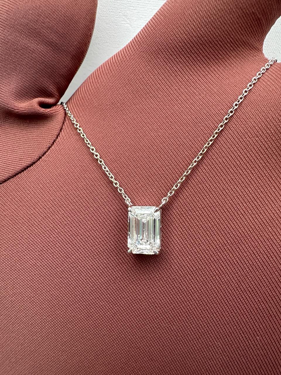 IGI Certified Emerald Cut Lab Diamond Solitaire Pendant, 2.55 Carat, 14K White Gold Necklace