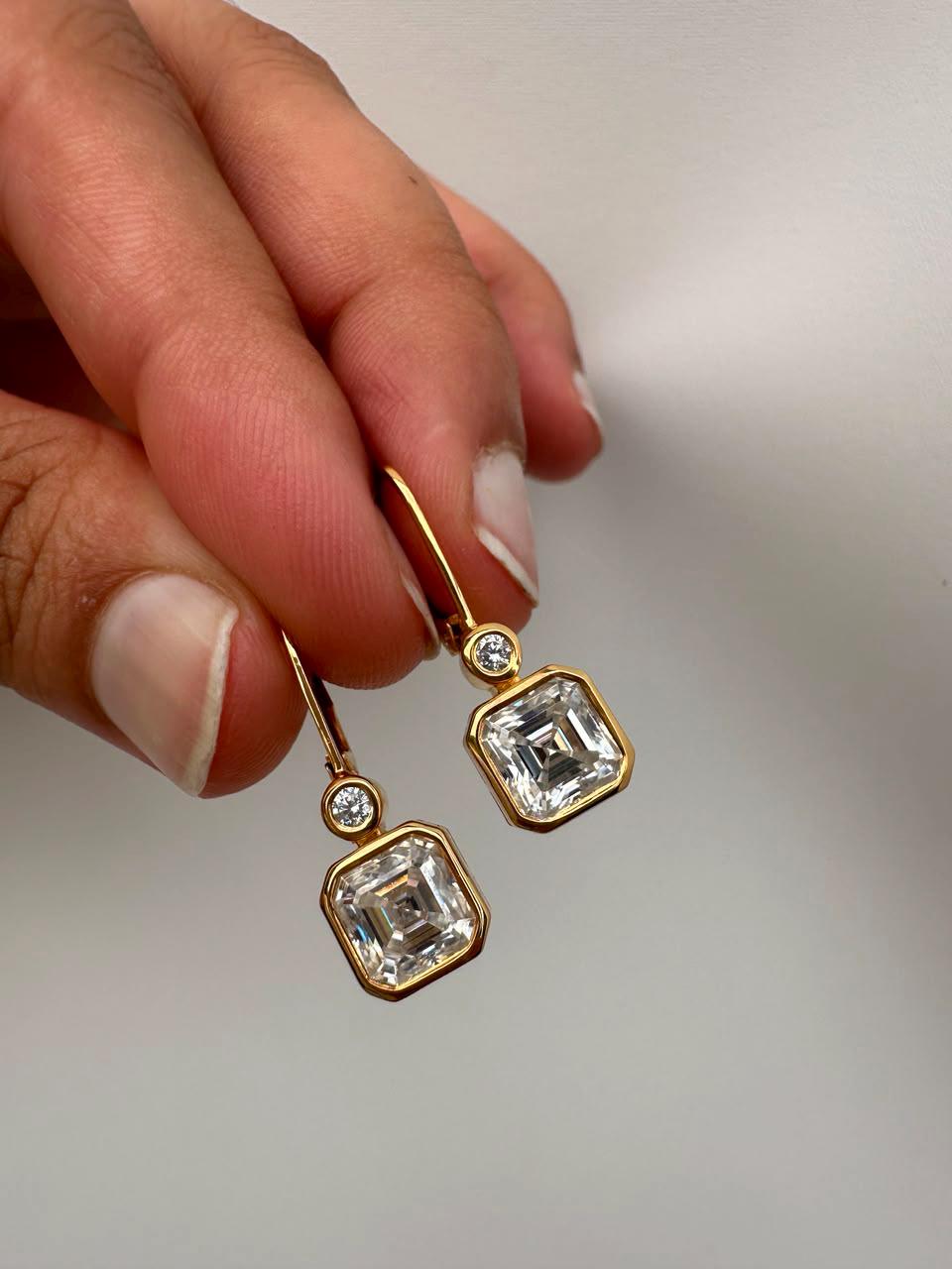 14K Gold Asscher Cut Moissanite Drop Earrings, Bezel Set Wedding Jewelry
