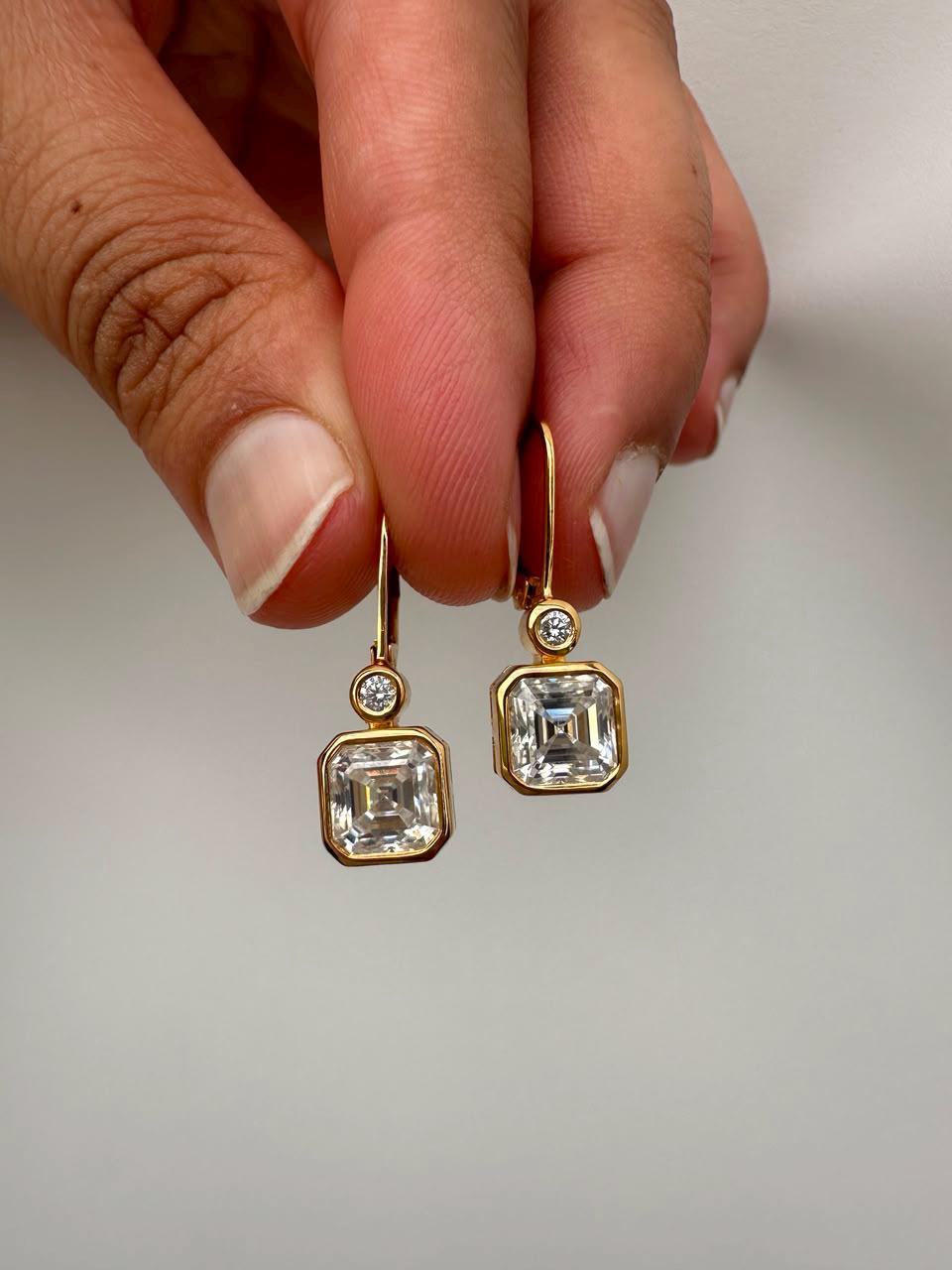 14K Gold Asscher Cut Moissanite Drop Earrings, Bezel Set Wedding Jewelry