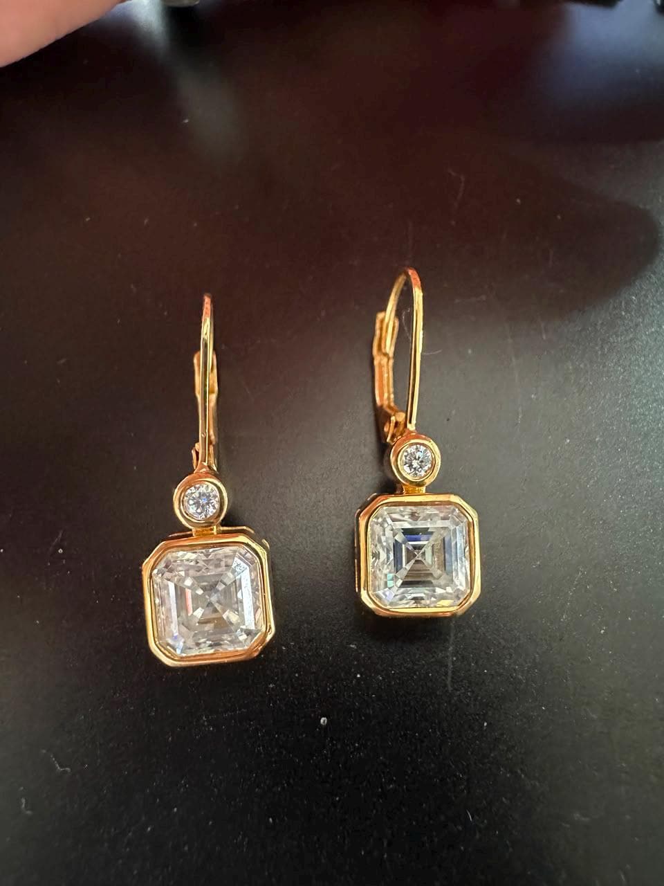 14K Gold Asscher Cut Moissanite Drop Earrings, Bezel Set Wedding Jewelry