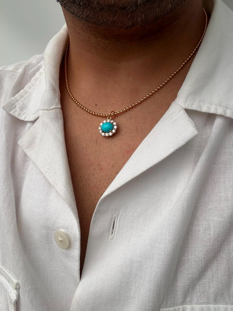 14K Gold Turquoise Pendant, Moissanite Halo Necklace, Christmas Gift for Her