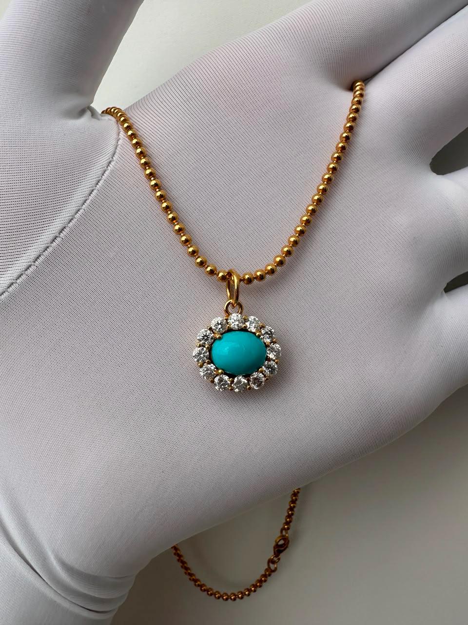 14K Gold Sleeping Beauty Turquoise Pendant, Moissanite Halo Necklace, Fine Jewelry Gift for Her