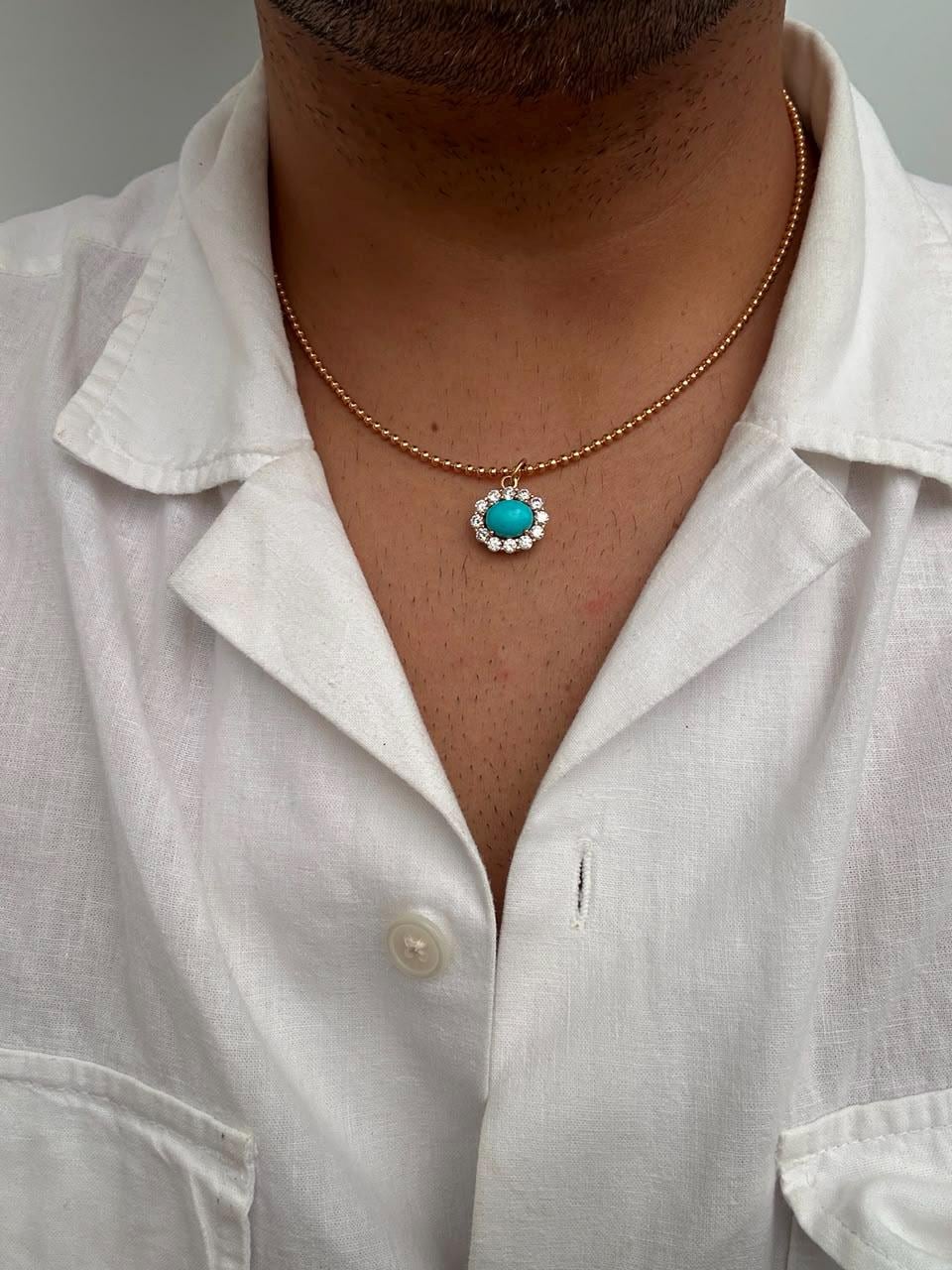 14K Gold Sleeping Beauty Turquoise Pendant, Moissanite Halo Necklace, Fine Jewelry Gift for Her