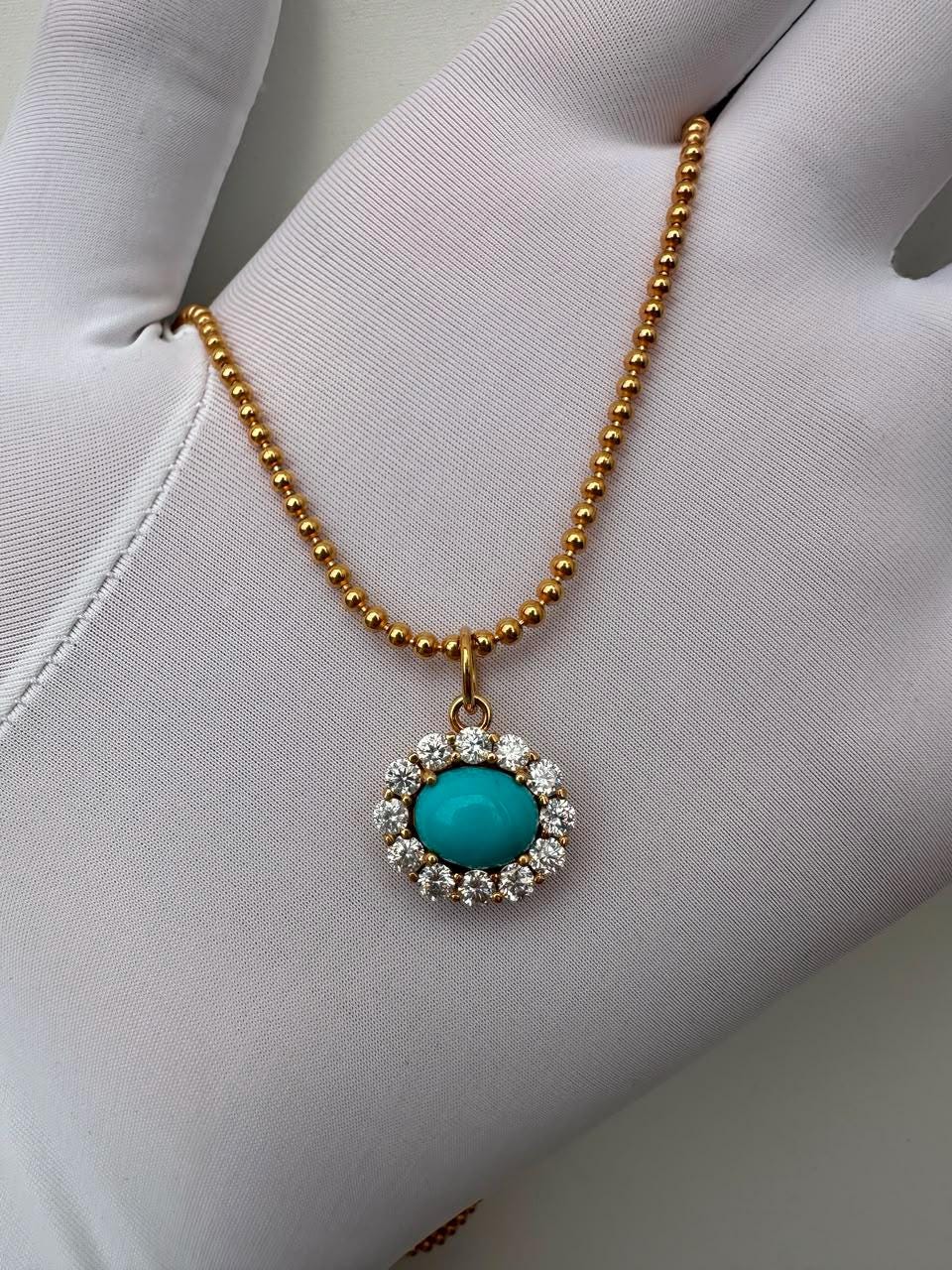 14K Gold Sleeping Beauty Turquoise Pendant, Moissanite Halo Necklace, Fine Jewelry Gift for Her