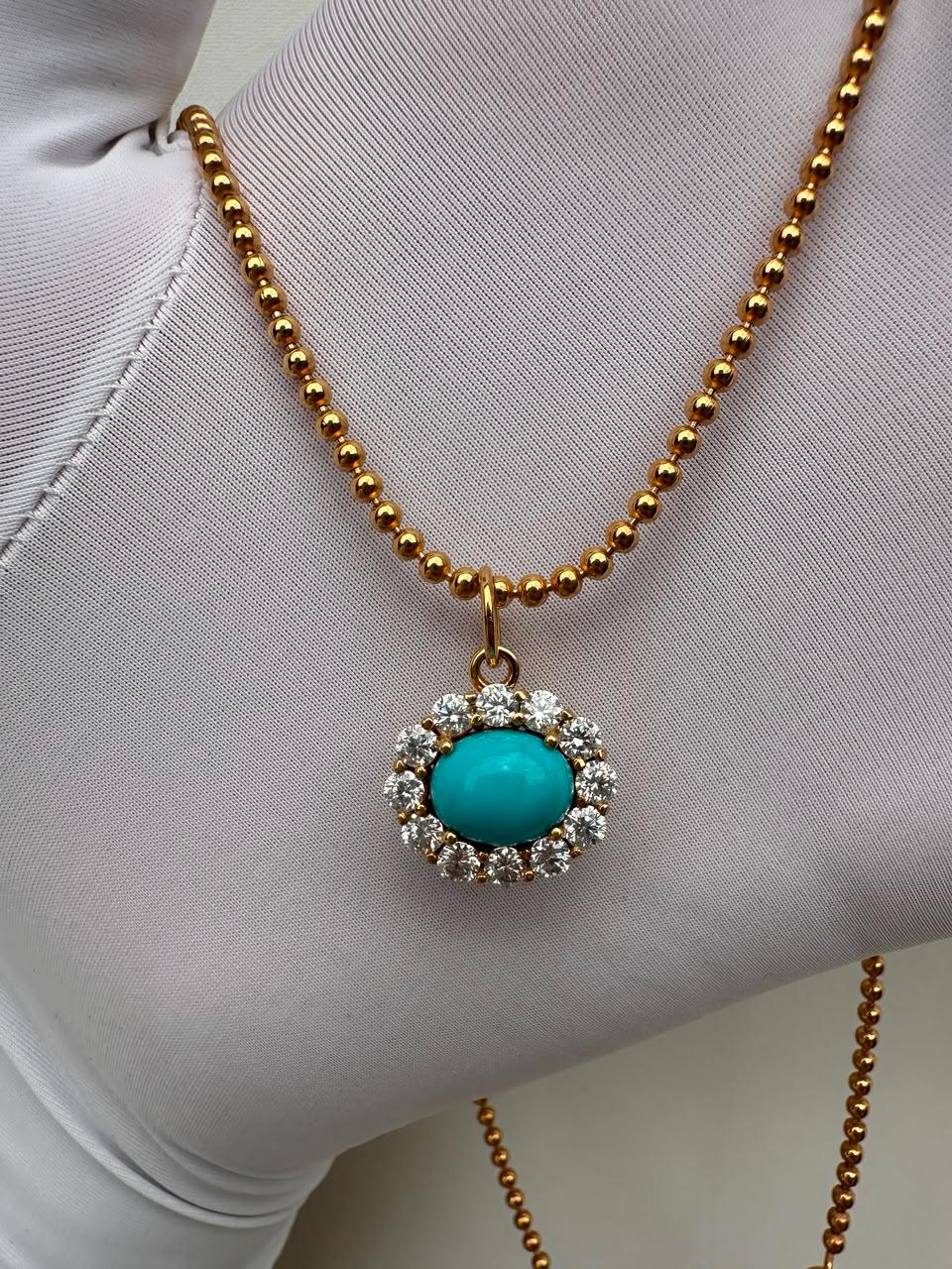 14K Gold Sleeping Beauty Turquoise Pendant, Moissanite Halo Necklace, Fine Jewelry Gift for Her
