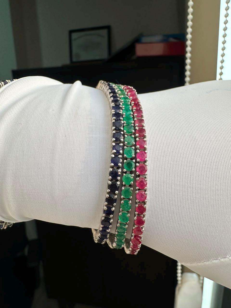 18 CT Ruby Emerald Sapphire Tennis Bracelet Stack | 14K White Gold, Gift for him