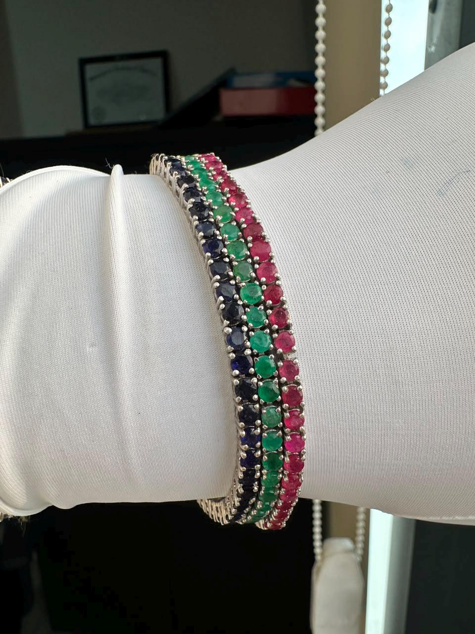 18 CT Ruby Emerald Sapphire Tennis Bracelet Stack | 14K White Gold, Gift for him