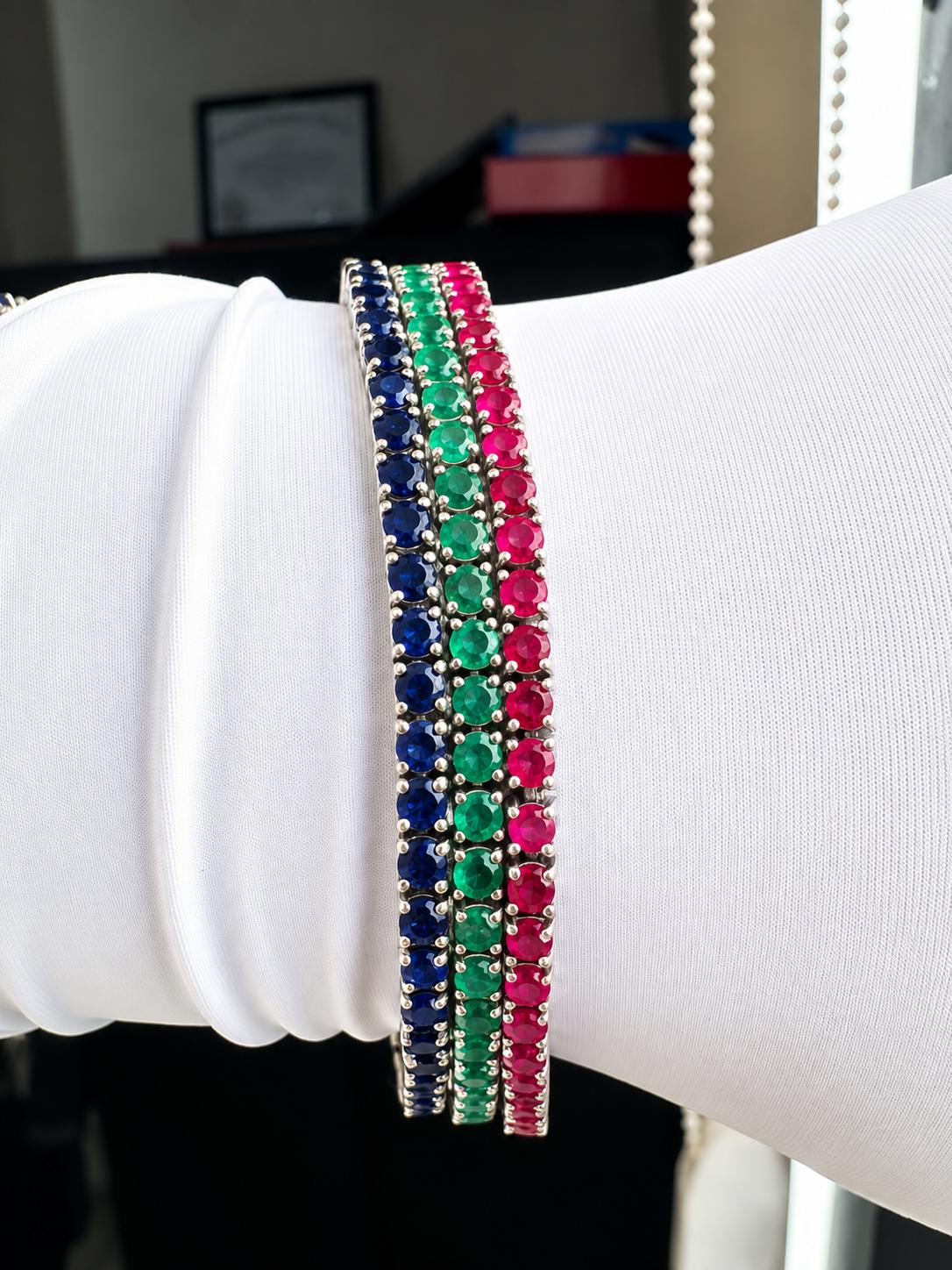 18 CT Ruby Emerald Sapphire Tennis Bracelet Stack | 14K White Gold, Gift for him