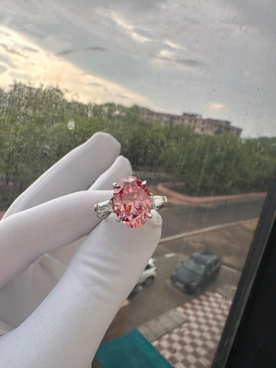 6 Ct Pink Oval Moissanite Engagement Ring, 14K White Gold, Statement Bridal Ring