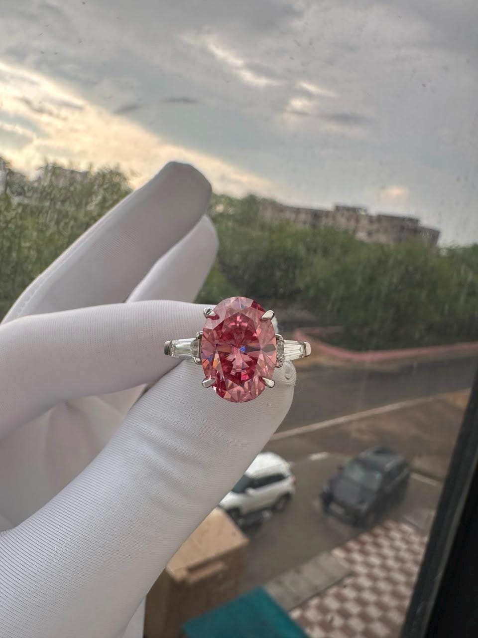 6 Ct Pink Oval Moissanite Engagement Ring, 14K White Gold, Statement Bridal Ring