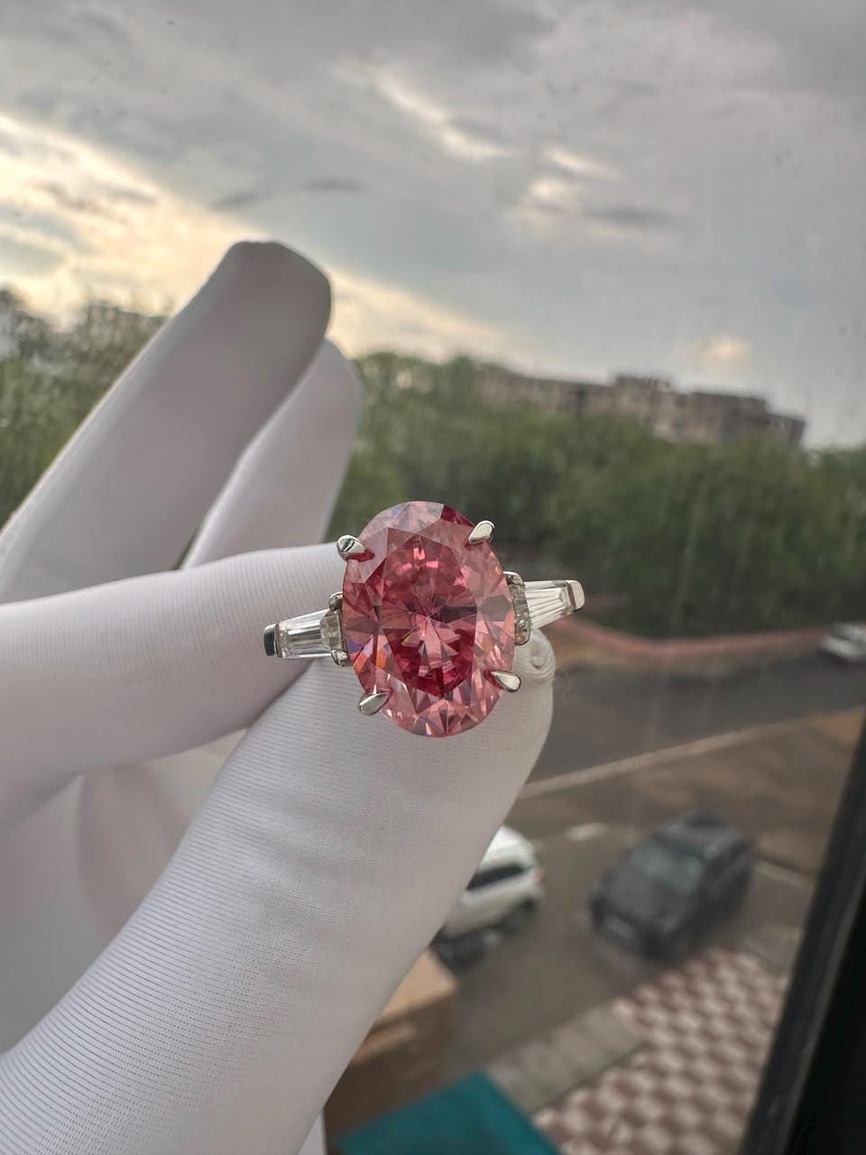 6 Ct Pink Oval Moissanite Engagement Ring, 14K White Gold, Statement Bridal Ring