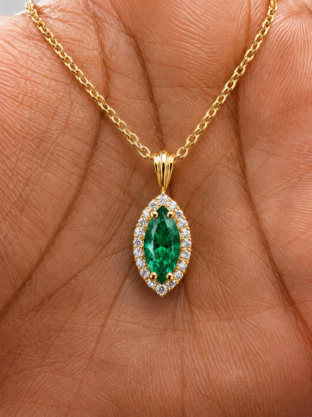 14K Gold Marquise Emerald Halo Pendant, 1.5 Ct Green Gemstone Necklace
