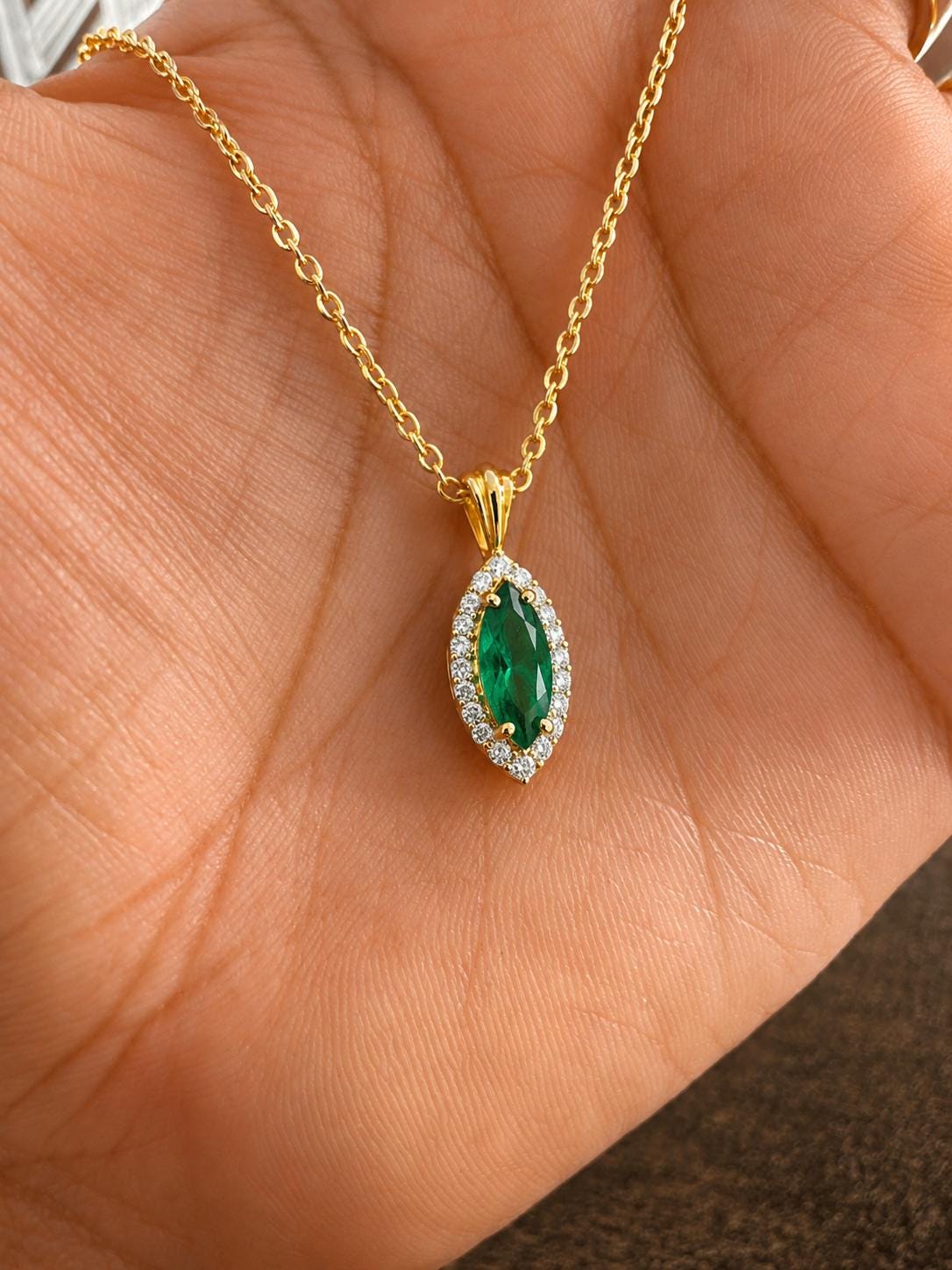 14K Gold Marquise Emerald Halo Pendant, 1.5 Ct Green Gemstone Necklace