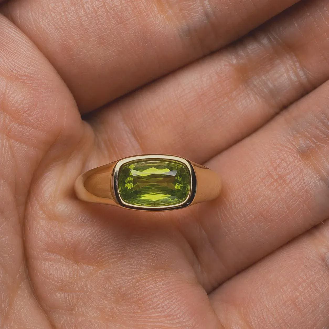 Peridot Signet Ring | 14K Yellow Gold , 3 CT Natural Gemstone Engagement Ring | August Birthstone