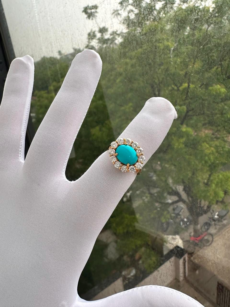 Natural Oval Turquoise Engagement Ring, 14k Yellow Gold, Moissanite Halo Accents