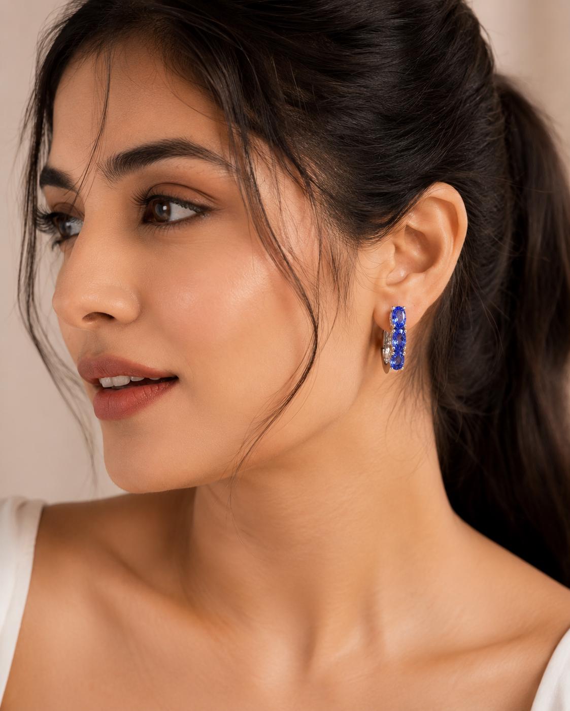 14k White Gold Tanzanite Huggies Hoop Earrings, December Birthstone, Gift for her
