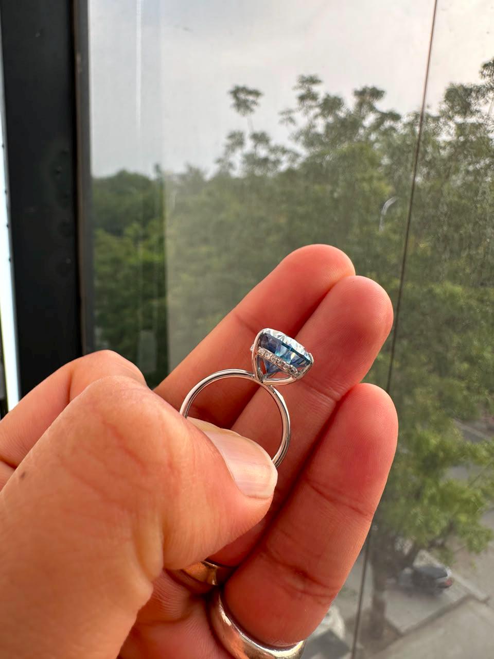 Pear cut Blue Moissanite Hidden Halo Engagement Ring | 14K White Gold, 7 Ct