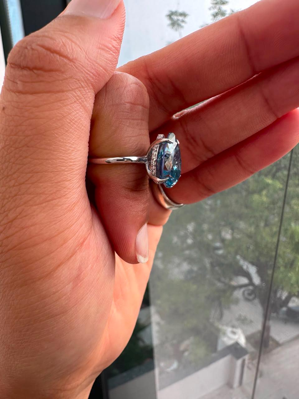 Pear cut Blue Moissanite Hidden Halo Engagement Ring | 14K White Gold, 7 Ct