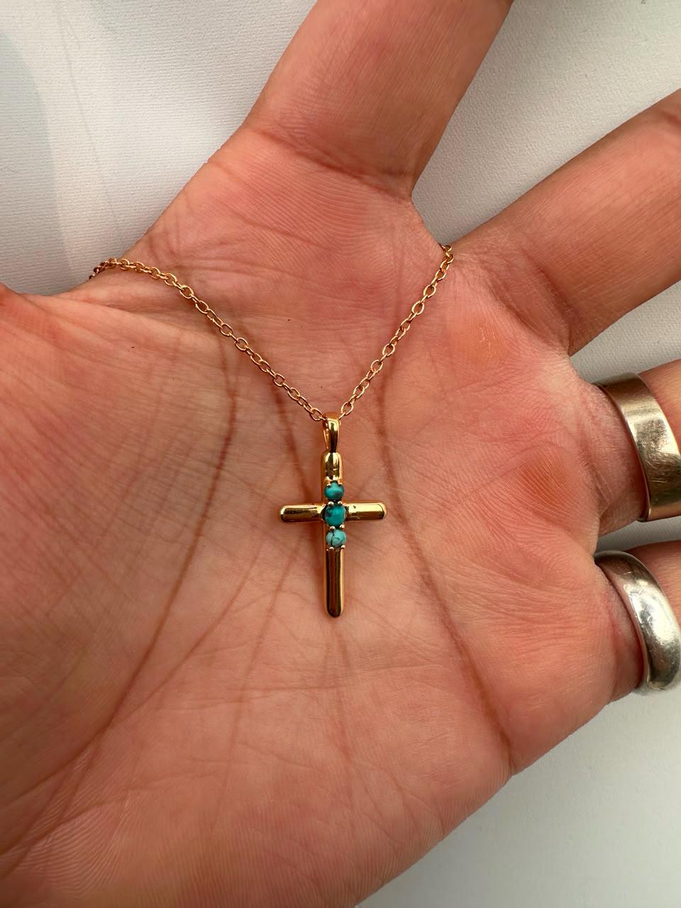 Turquoise Cross Pendant | 14K Yellow Gold Necklace | Jewelry Gift for Her or Him