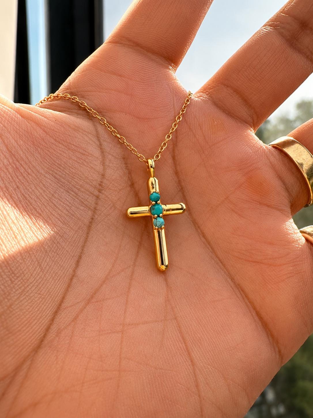Turquoise Cross Pendant | 14K Yellow Gold Necklace | Jewelry Gift for Her or Him