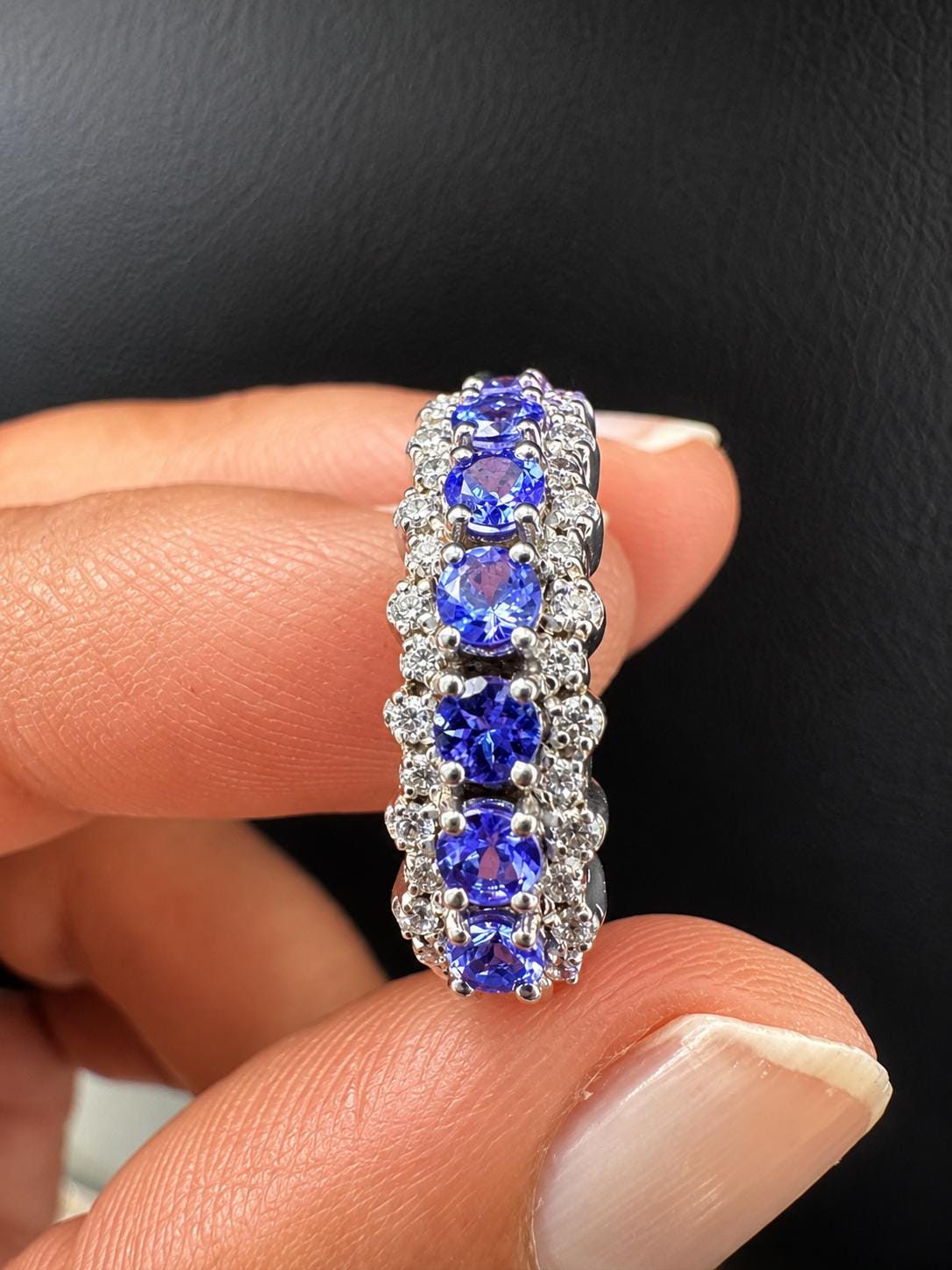 Elegant Tanzanite Moissanite Band Ring | 14K White Gold, December Birthstone Jewelry