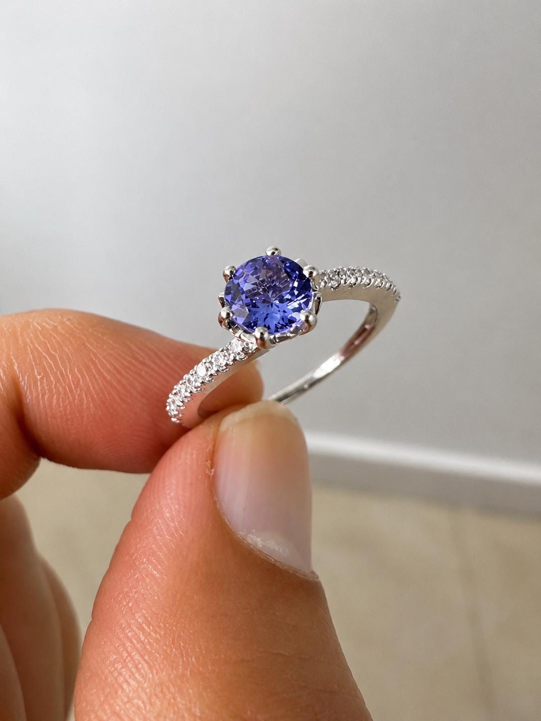 1 CT Blue Tanzanite Engagement Ring | 14K White Gold, December Birthstone Jewelry