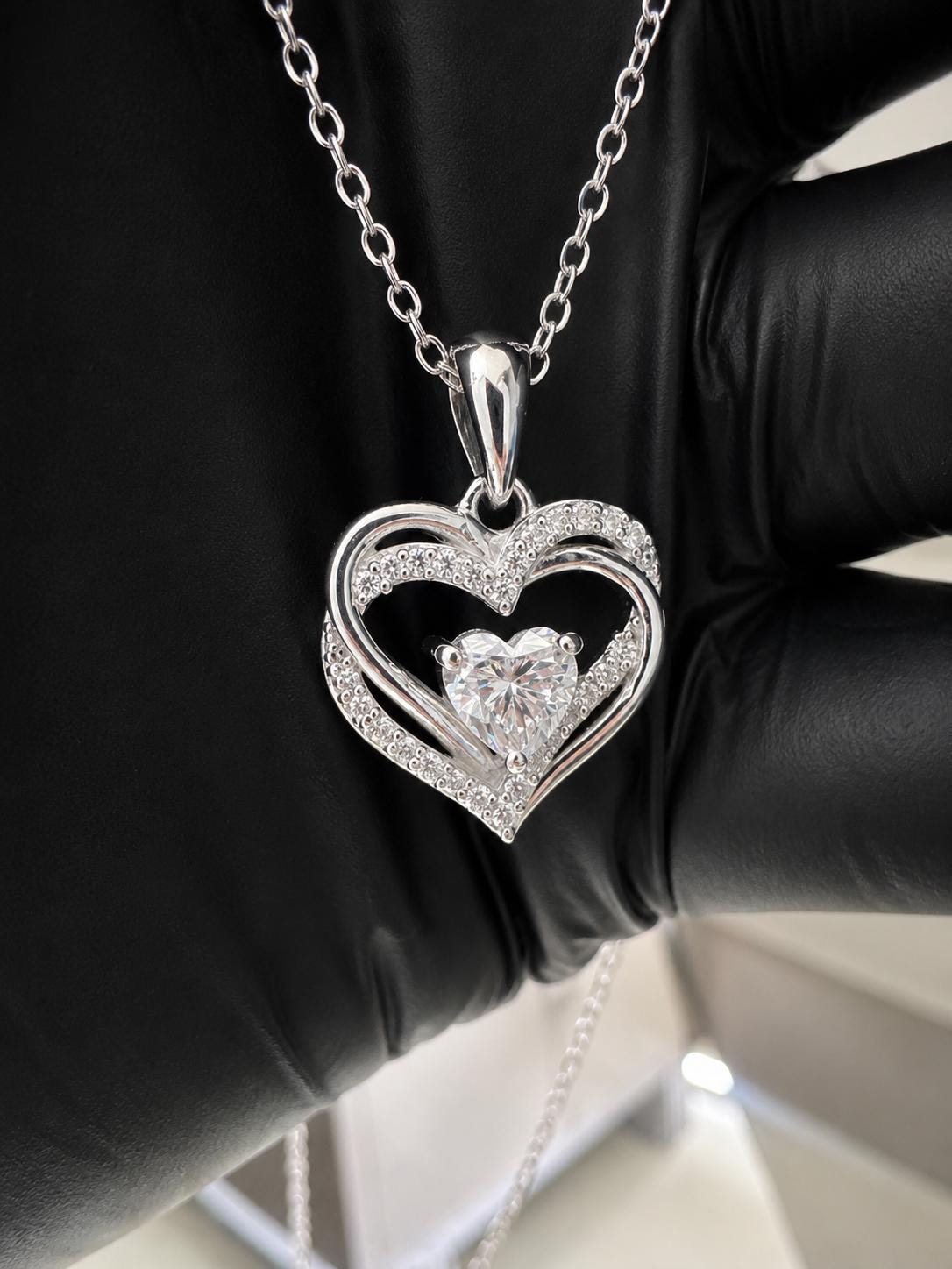 Heart Moissanite Pendant | Double Heart Halo Sterling Silver Necklace | Romantic Christmas Gift